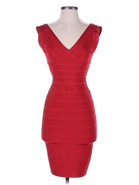 Herve Leger Red V-Neck Bandage Midi Dress